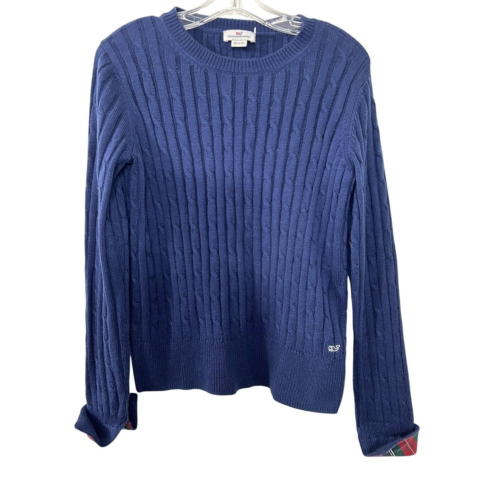 Vineyard Vines Small Blue Cable Knit Sweater Plaid Cuffs Whale Logo Crewneck